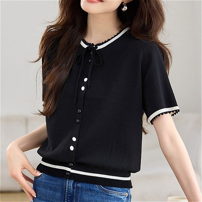 SAHINER 여성 반팔 니트 가디건 리본 버튼 배색 데일리룩 봄여름 ATX88