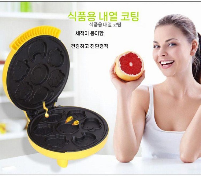 전기 케이크 팬 멀티 에그팬 캐릭터 틀 팬케이크 양면 간식 베이킹, 옐로우 + 선물 세트, 1개