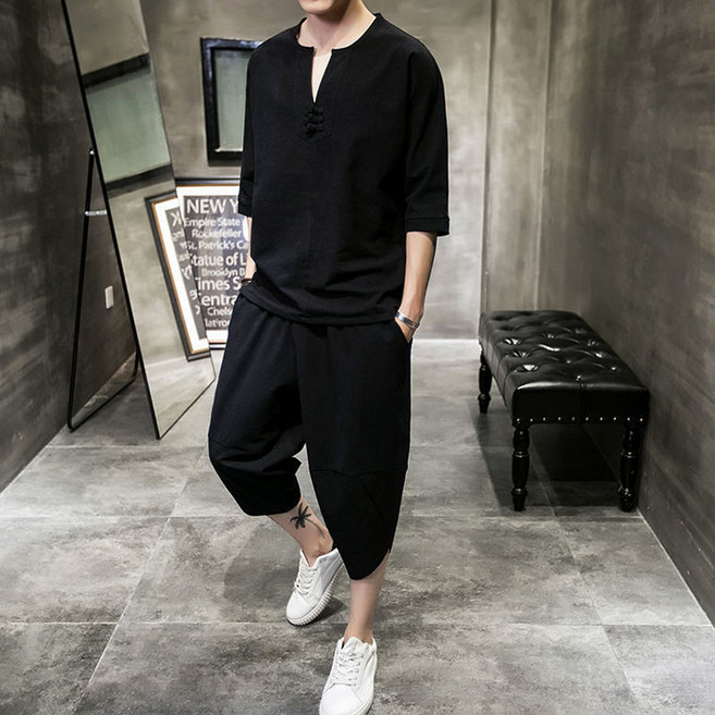 M-5XL 빅사이즈 여름 면마한복 빈티지 투피스 남성의류 데일리룩 생활 개량 한복 상하의세트 투피스