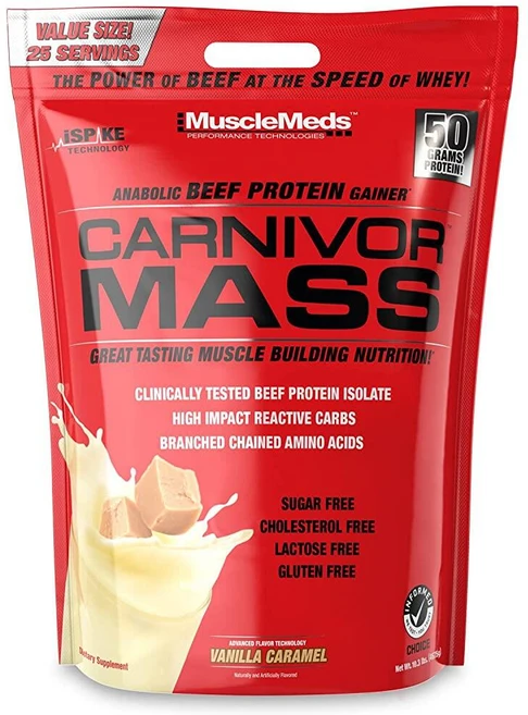 MuscleMeds Carnivor Mass 단백 동화 쇠고기 단백질 게이너 바닐라 캐러멜 4.5kg(10파운드), 1개, 4.5kg - 쿠팡