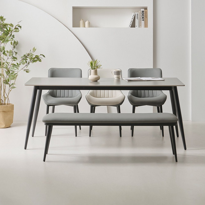 라로퍼니처 캐슬 1800 포세린 통 세라믹 6인 식탁 세트, 그레이, 아이보리투톤 2개+그레이 1개+벤치 1개