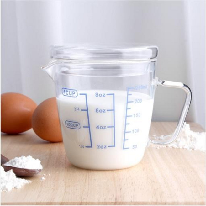 뚜껑 있는 눈금 내열 유리 계량컵 제빵 계량 리드 비커, 1개