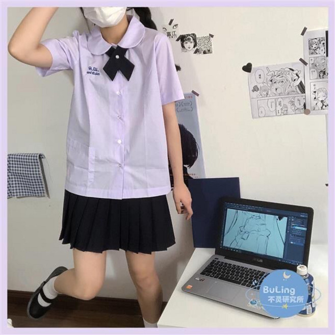 學院風 淡紫短袖學生襯衫 圓領娃娃領上衣 少女54101