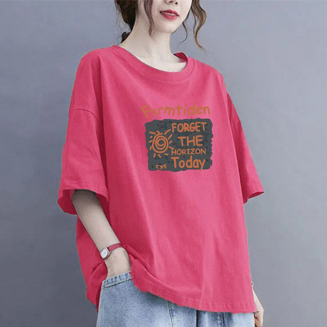 FANSYLI 반팔티셔츠 여자 여름 순면 프린팅 티셔츠 미디 오버핏 맨투맨 엄마옷 빅사이즈 X2505M21