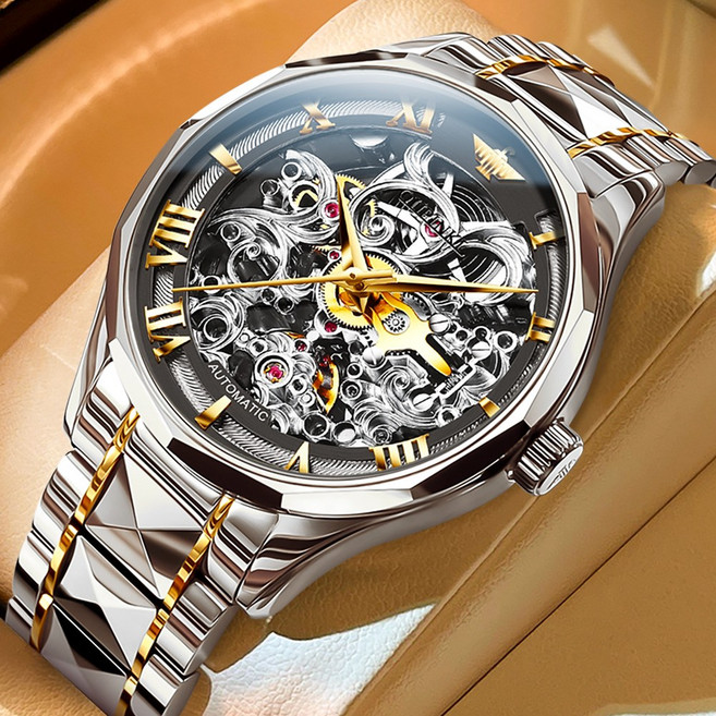 OUPINKE 남성 시계 정품 자동 기계식 오토매틱 럭셔리 명품 야광 워터프루프 메탈 투조 남자손목시계