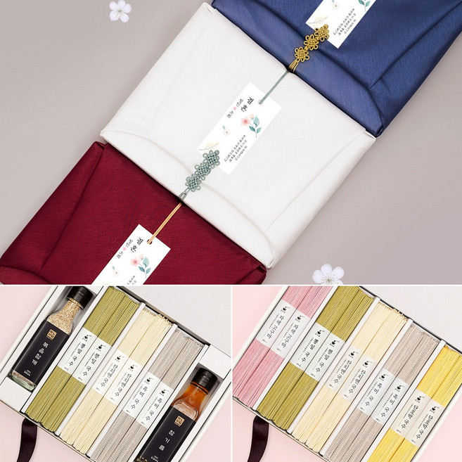 [쇼핑백포함] 국화매듭 보자기포장 잔치엔 오색국수 멀티세트 답례품 추석 명절 선물 결혼 칠순 팔순 답례품, 멀티세트(잔치엔국수6조+참기름+참깨), 1개