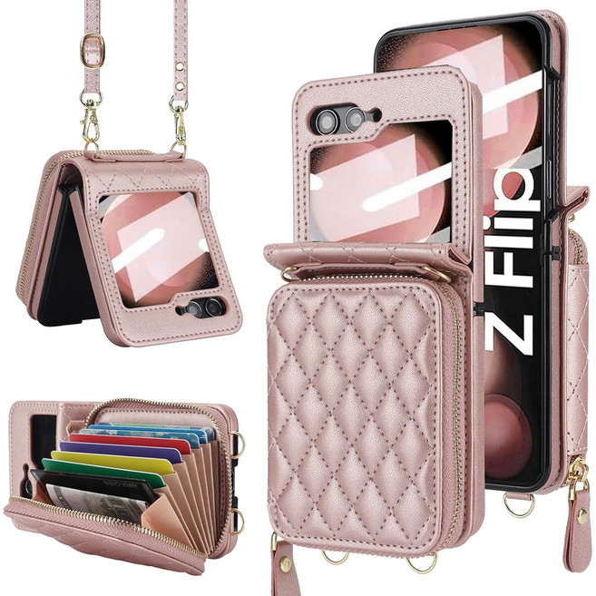 헤미션 갤럭시 Z플립7/6/5 가죽 카드수납 지갑 스트랩 힌지보호 케이스