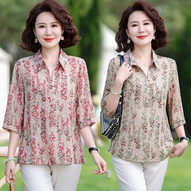 꽃소담 중년 여성 여름 꽃무늬 카라티셔츠 데일리 엄마 할머니 냉감소재 꽃티셔츠 MAL26A697
