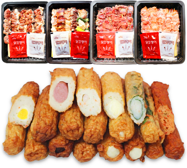 산아몰 국내산꼬치모음 4종 택1+수제 빵빵 어묵바5종 택1 캠핑간식세트, 국내산 모듬꼬치450g+수제통모짜어묵바500g, 450g, 1개