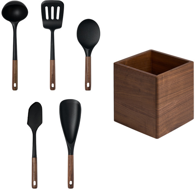 트루쿡 북미산 월넛 실리콘 조리도구 5종 멀티함 세트, 1세트, 국자+뒤집개+주걱+스패츌라+멀티스푼+조리도구 멀티함
