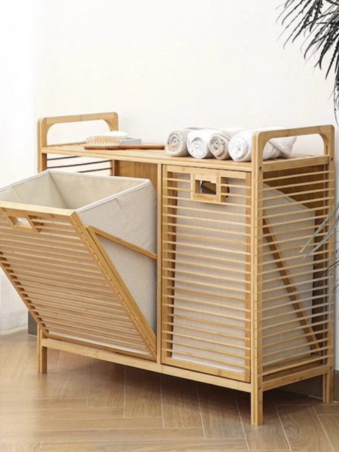 대나무 햄퍼 세탁 대형 바구니 바스켓 빨래함 빨래바구니 서랍장 양문형, 1개, D_3층 캐비닛 그레이