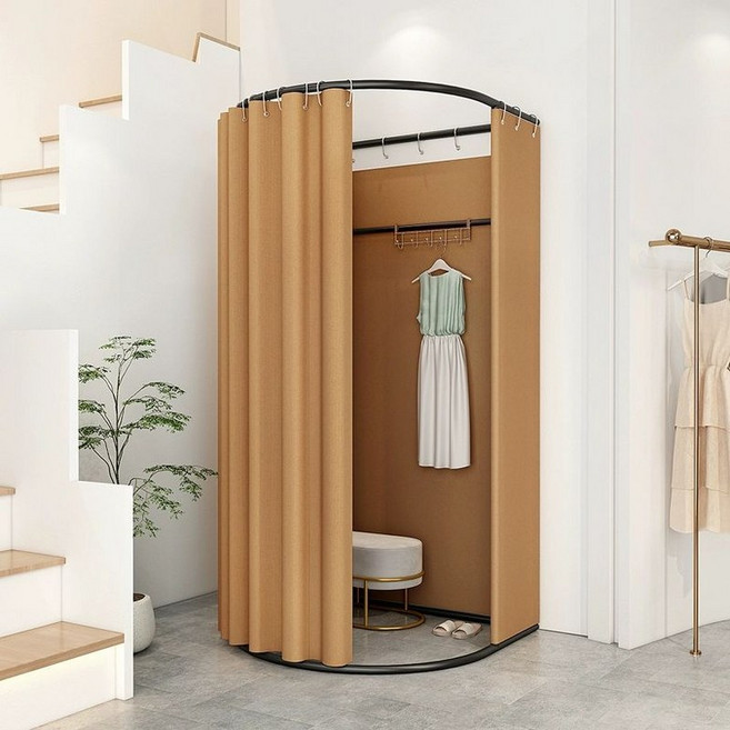 의상 탈의실 접이식 간이부스 휴대용 커튼형 피팅룸 실내 설치형 가림막 공간 분리, 15.밝은 갈색리넨 벨벳업그레이드 반원형 전체, 1개, 공식 표준