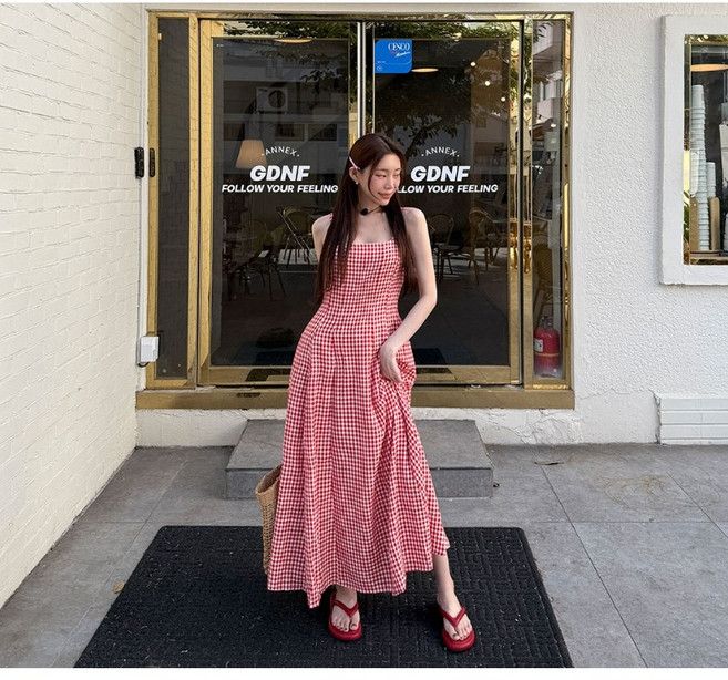 체인지쉬(change she)여성 프렌치 스퀘어넥 체크 민소매 롱 원피스 휴양지 원피스