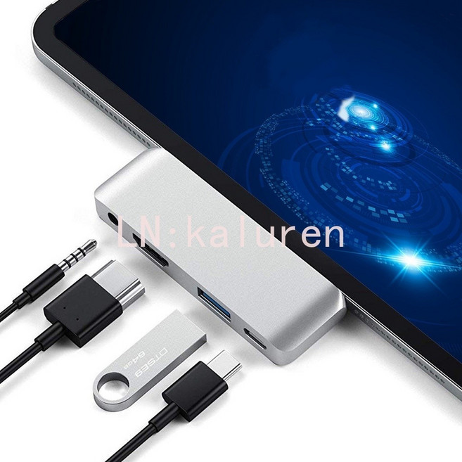 iPad Pro 擴展塢 Type-C轉HDMI PD USB 3.5mm耳機拓展塢, 1個, 灰色