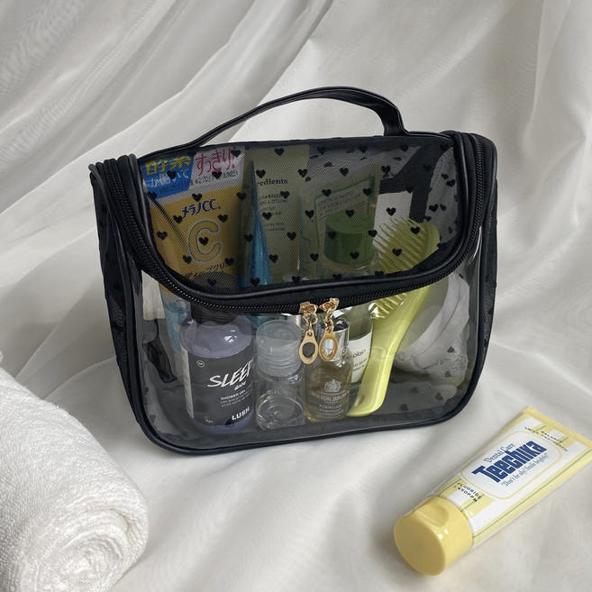 에브리테일 하트 블랙 투명 메쉬 방수 화장품 파우치 손잡이