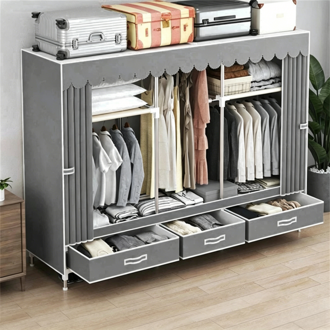 簡易衣櫃 門簾式設計 附抽屜 加固多掛衣架 無紡布衣櫃, 太空灰