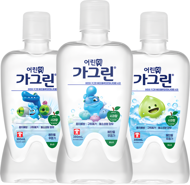 가그린 어린이용 구강세정제 사과향, 380ml, 3개