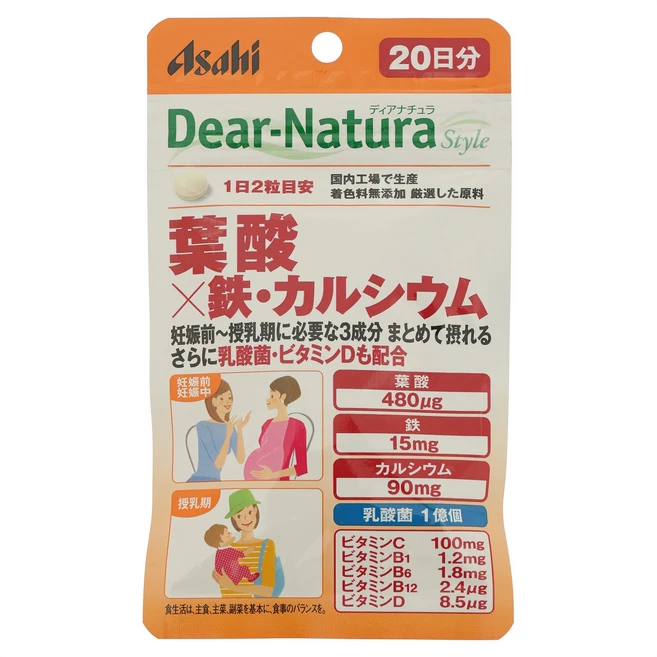 Asahi 디어 내츄라 스타일 엽산 480ug X 철 15mg 칼슘 90mg 타블렛, 1개, 40정 - 쿠팡