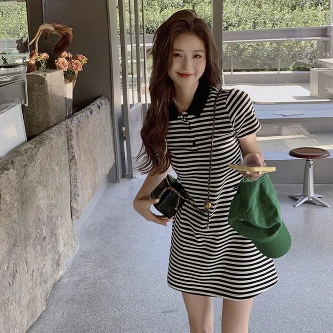 VEZRI 여성 여름 블랙 화이트 니트 원피스 폴로 칼라 A라인 슬림핏 숏 기장