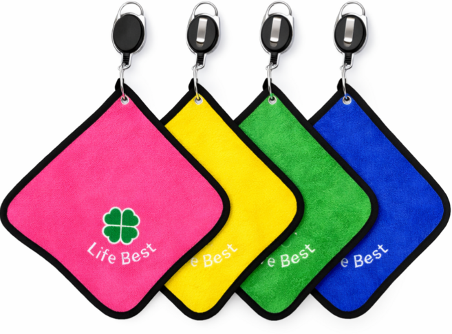 도톰한 네잎클로버 양면 극세사 골프 수건 골프 릴 타올 4개 1세트, 핫핑크+노랑+초록+파랑