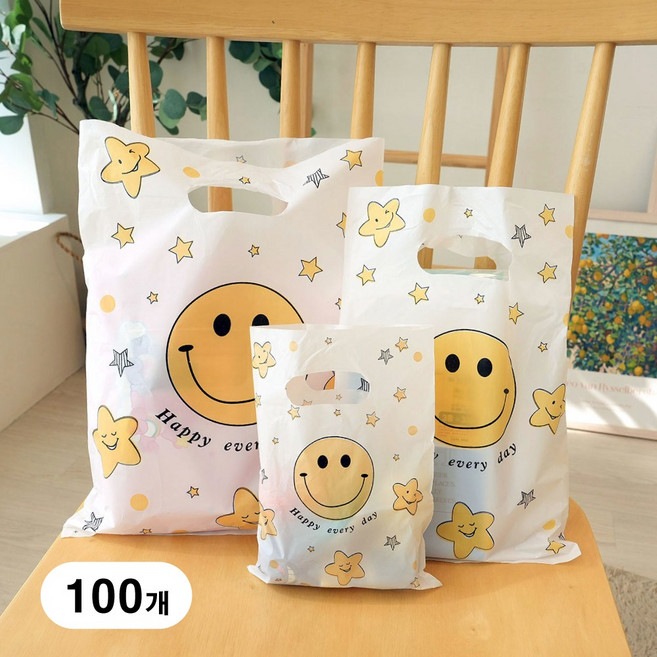 스마일 손잡이 비닐 쇼핑백 비닐 봉투, 100개