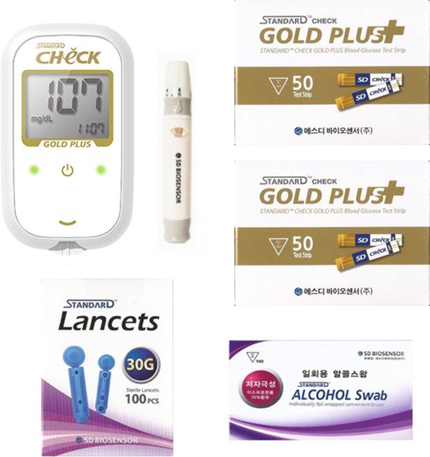 에스디바이오센서 스탠다드체크 골드플러스 혈당측정기 풀세트 (기계+시험지100매+SD채혈침110개+SD알콜솜100매+채혈기+파우치) SW, 1개