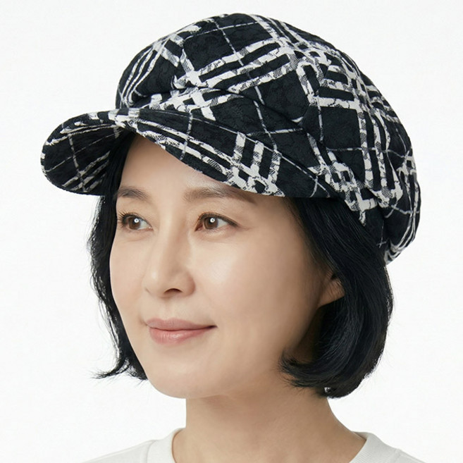 여름 팔각모 체크 레이스 셔링캡 중년여성 모자 화려한 레이스 큐빅 망사 플라워 빵모자