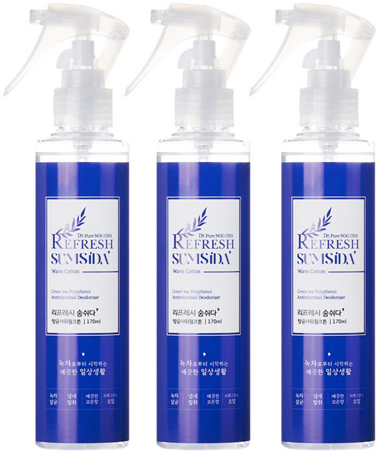 리프레시숨쉬다 강력 섬유 실내 담배 냄새 제거 범용 탈취제 방금샤워웜코튼, 3개, 170ml