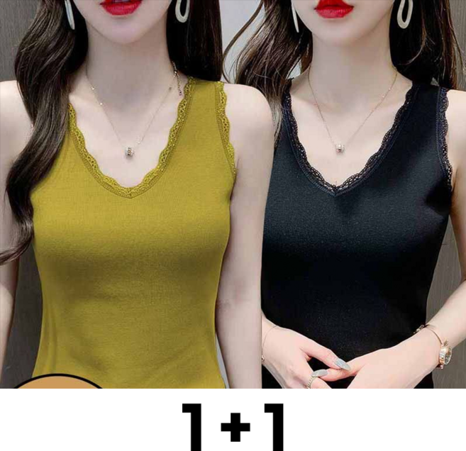 메인워크 1+1 여성 빅사이즈 나시 티셔츠 여름용 냉장고 모달 레이스 슬림핏 브이넥 아이스 스타일리쉬 민소매 이너웨어 2매입