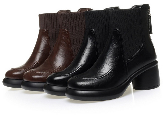 꾸꾸지민 여성 도톰 기모 가죽 첼시 숏부츠 6.5cm