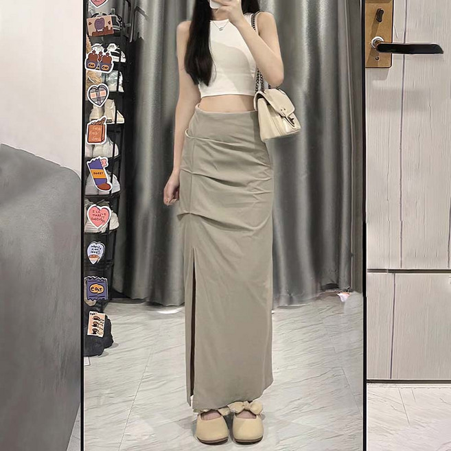 여성 아노락 카고 롱 스커트 슬림핏 캐주얼 데일리록 사이드 슬릿 오피스록 봄 여름 가을용 베이직 코디 치마