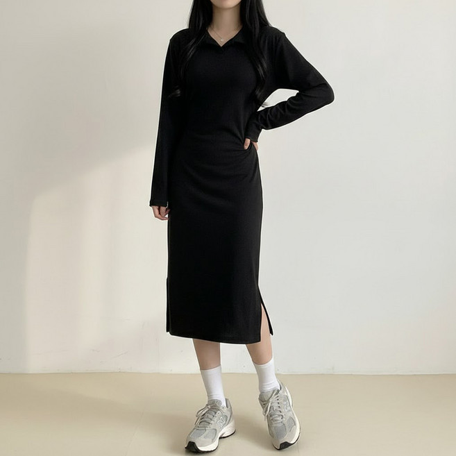 타니즈 루덴스 스트랩 기모 카라 롱 원피스 - 3컬러