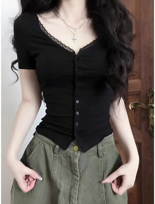 해피유통 여성 섹시 브이넥 반팔 티 여름 버튼 레이스 슬림 숏 톱 jhXG12