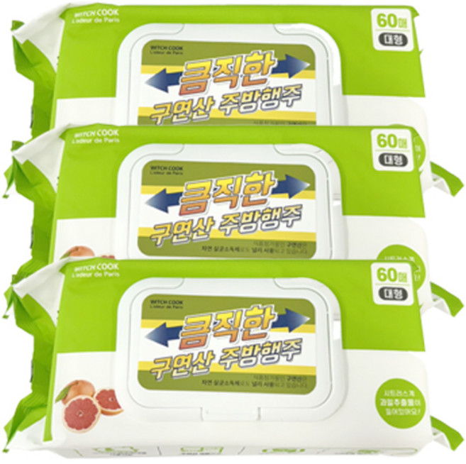 세균 싹 찌든 때 큼직한 구연산 주방행주 1팩(60매)x3팩 구연산 물티슈 살균소독 물티슈 행주, 3개, 60매입, 80g