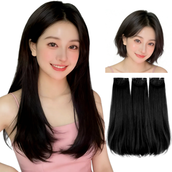 지니판 3피스 C컬 헤어피스 딱 예쁜 길이 붙임머리 가발, 1개, 진한블랙