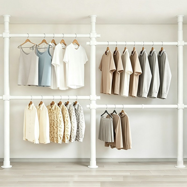 BIKASU 시스템행거 32파이 와이드 4단 행거 고정식 설치형 튼튼한 옷걸이 행거, 화이트