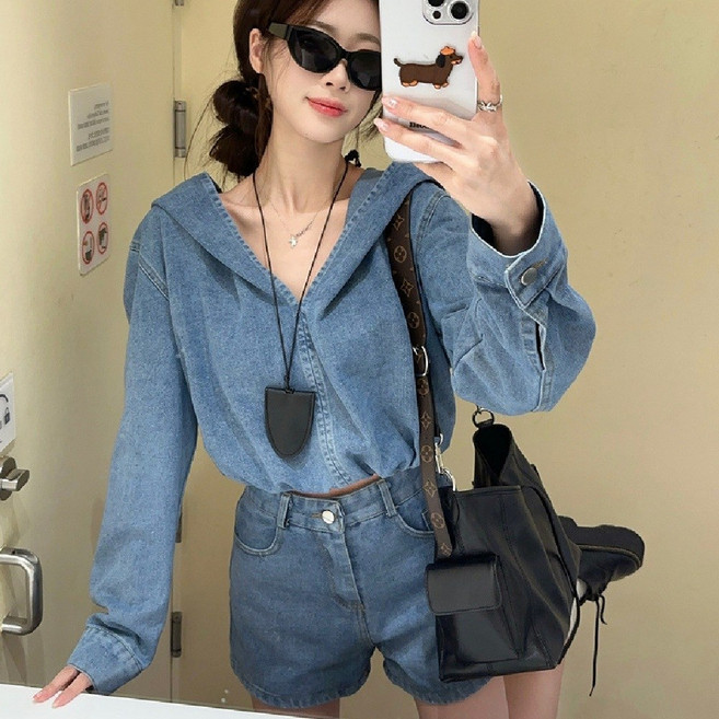 마리하우스 청후드+청반바지 세트 데님 투피스