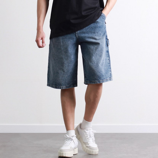 [투뎃] 남성용 캐주얼 원턱 와이드 데님 반바지