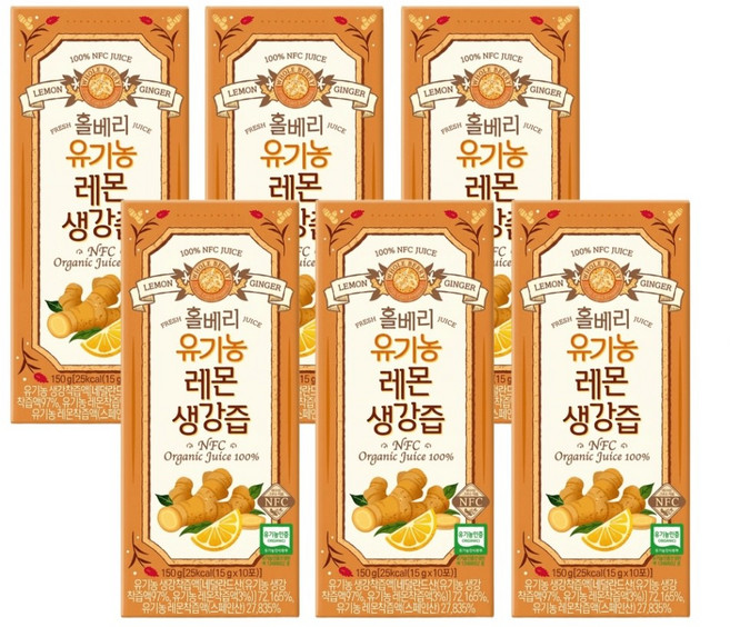 홀베리 유기농 레몬생강즙 10포, 150g, 6개