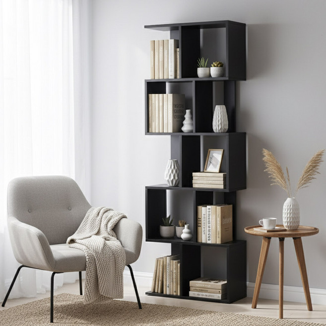 퍼즐 책장 원목 책꽂이 우드 선반 블랙 인테리어 파티션, 블랙(WWD4011-BK), 5단