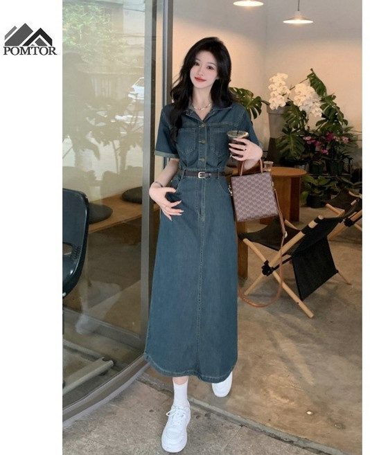 POMTOR 여성 여름 복고풍 디자인 롱 원피스 청재킷 원피스