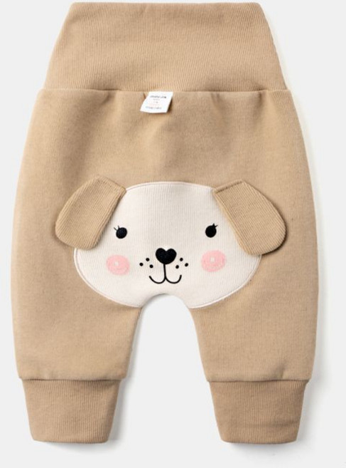 MiniMiracles Store 寶寶立體動物造型長褲 純棉高腰護肚 卡其色小狗 80碼