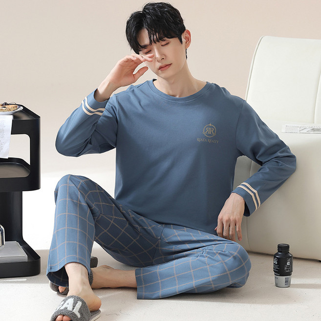 봄 캐주얼 잠옷 남성 잠옷 면 캐주얼 라운드 잠옷 세트 남자 사계절패션 파란색 잠옷 세트