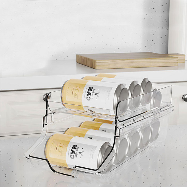 이지롤 캔음료 2단 자동 슬라이드 디스펜서 트레이 냉장고 정리, 1개, 라지2단 투명