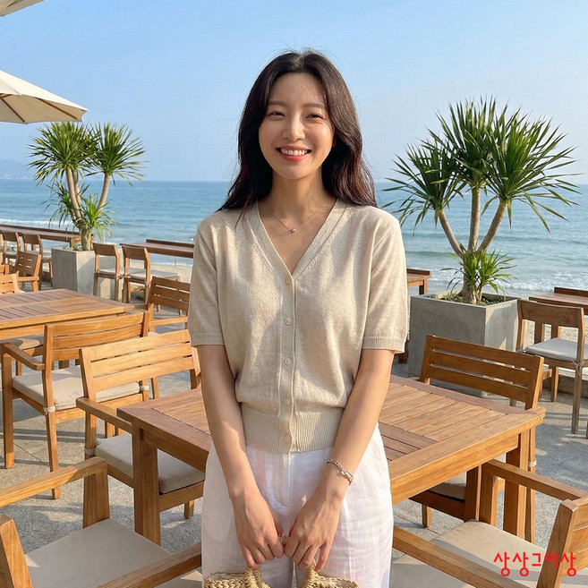상상그이상 여성용 촉감왕 린넨 반팔 브이넥 미니 니트 가디건
