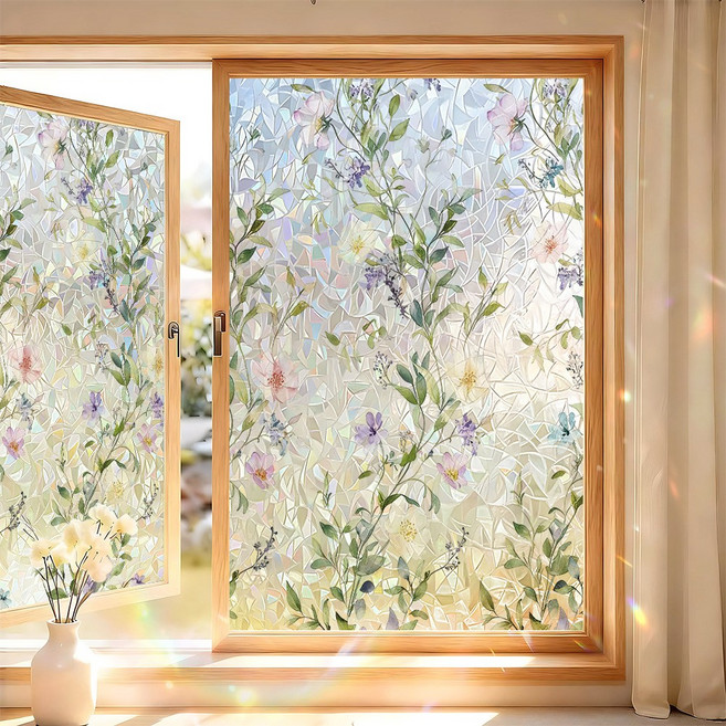 무점착 유리창 시트지 열차단 자외선차단 사생활보호, 수채화 꽃