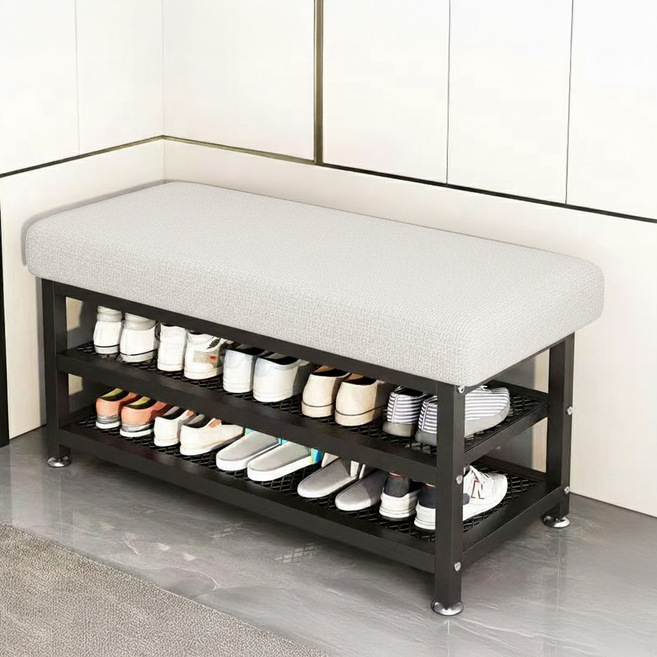 오아루 철제 현관 벤치 신발장 수납장, 화이트+블랙프레임