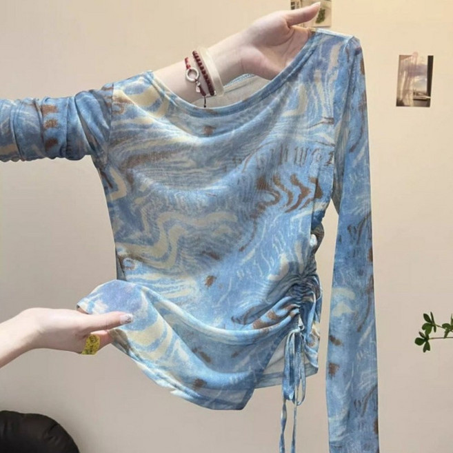 미중 여성 긴팔티 슬림핏 여름 휴양지 망사 자외선 차단 타이다이 빈티지 스트링 라운드넥 긴팔티yf