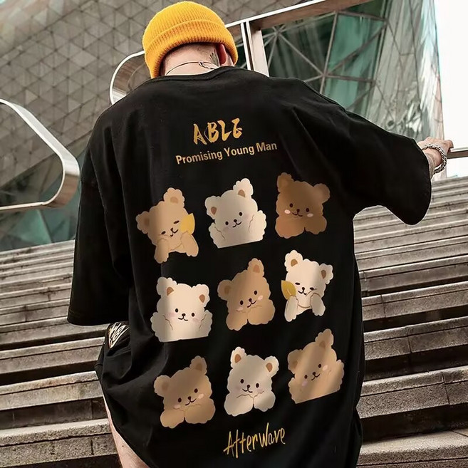 Oversize 短袖T恤 潮流印花設計, T220黑色【五分袖】,6XL【建議110-120公斤】