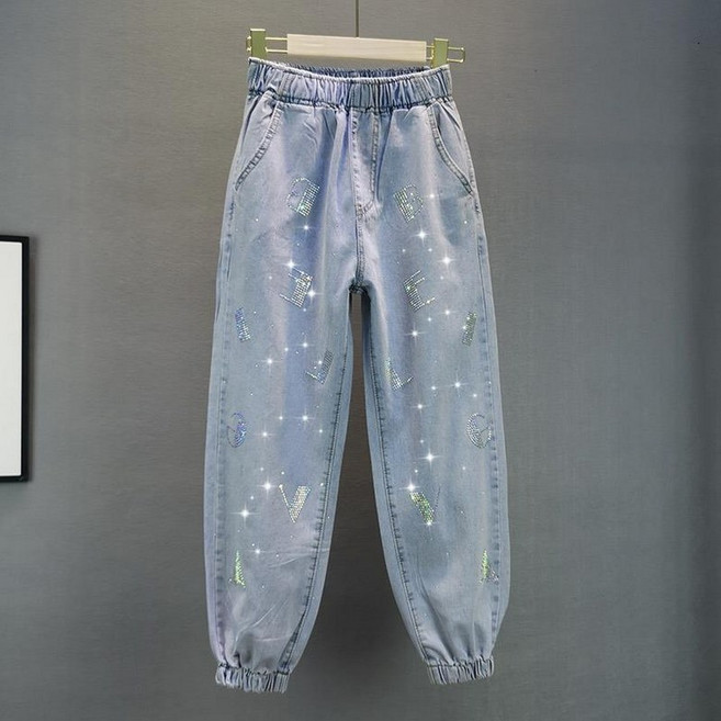 여성 봄여름 빅사이즈 S-5XL와이드 스판 데님 팬츠 캐주얼 루즈핏 밴딩 큐빅 조거 청바지